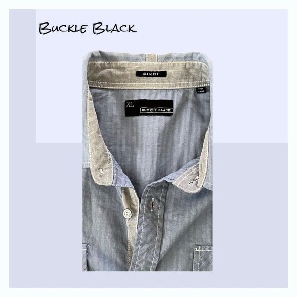 Buckle Black Men's XL Blue/Grey PinstripeโButton Down Shirt - Slim Fit- Contrast - Picture 5 of 7
